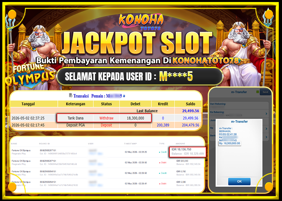 KONOHATOTO78 JACKPOT FORTUNE OF OLYMPUS Rp18.300.000,LUNAS     